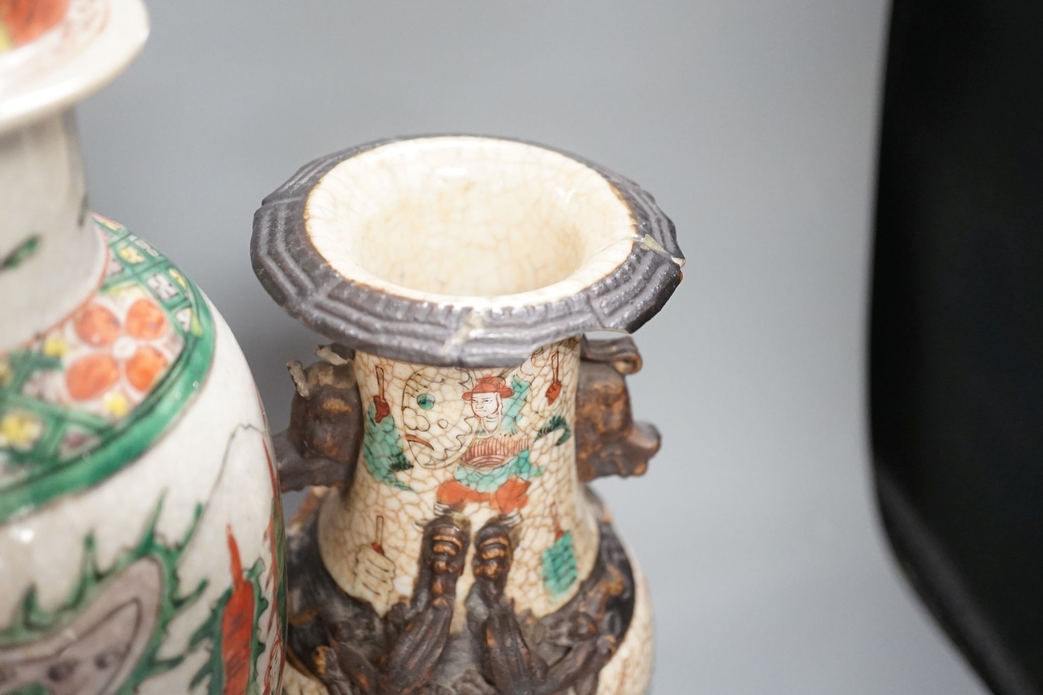 A pair of Chinese crackle glaze vases, a similar vase and cover, and another, late 19th/early 20th century (4), tallest 29 cms high.